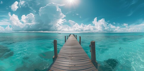 Beautiful blue sea and sky with pier in island, panoramic view of tropical beach resort graphic background for website