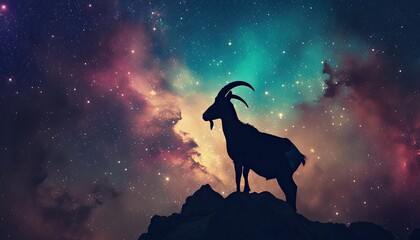 Silhouette of a goat standing on a mountain with a galaxy backdrop.