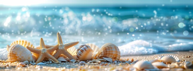 The beach is covered with white sand, and there is an ocean in the background. There were three seashells on top of it as one starfish.