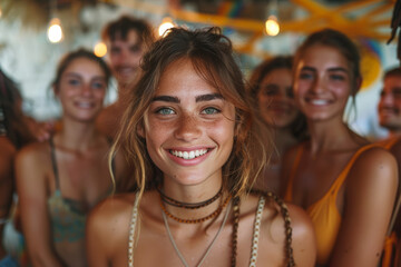 A group selfie taken at a birthday party, capturing the excitement and happiness of the moment. Concept of celebration and joyous occasions. Generative Ai.