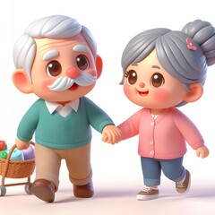 Fototapeta premium Elderly Animated Couple Walking Hand in Hand on a Sunny Afternoon