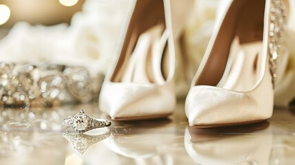 High heel bridal shoes and ring on table.
