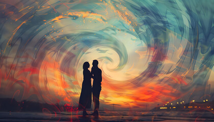 Abstract swirls of color swirling around a couples silhouette in Paris at dawnar74v60 Generative AI