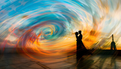 Abstract swirls of color swirling around a couples silhouette in Paris at dawnar74v60 Generative AI