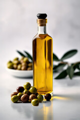 Olive oil bottle decorated with ripe olives