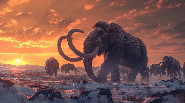 Woolly mammoth herd at sunset in frozen cold landscape, extinct prehistoric animals