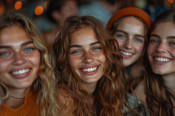Fototapeta premium A close-up shot of a group of friends laughing together, showcasing the genuine happiness of shared moments. Concept of friendship and joy. Generative Ai.