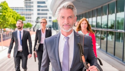 Businessman is looking at you with colleagues rushing behind