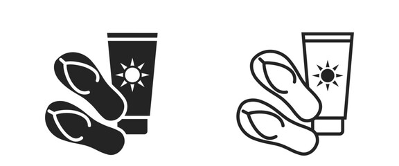 beach vacation flat and line icon. sunscreen and flip flops. summer resort symbol. isolated vector image for tourism design