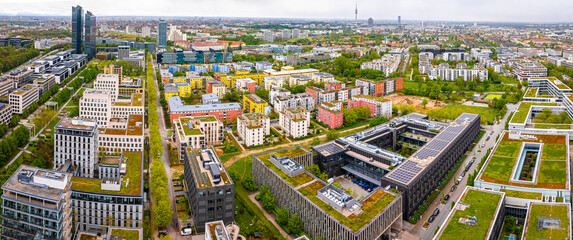 Aerial view of new build business area in Munich, the capital and most populous city of Bavaria