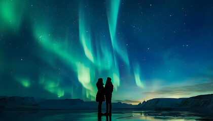 A couples silhouette framed by the majestic aurora borealis dancing across the Arctic skyar74v60 Generative AI