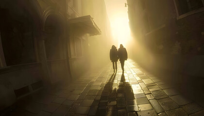 A couples shadows merging as they walk hand in hand through the misty streets of Venicear74v60 Generative AI