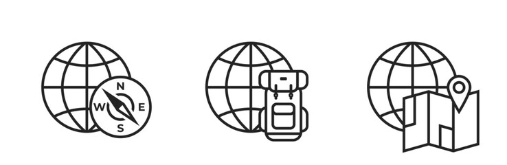 active tourism line icons. backpack, compass, map and world. travel and vacation symbols. isolated vector images for tourism design
