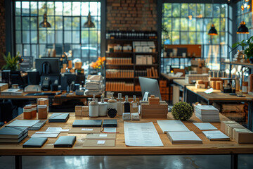 Branding mockups showcasing how a company's visual identity is applied across various touchpoints, from business cards to signage. Concept of branding mockups. Generative Ai.