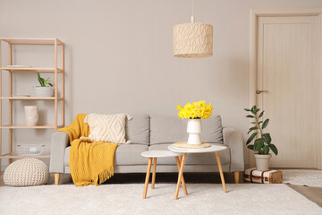 Grey sofa and coffee table with vase of narcissus flowers in living room