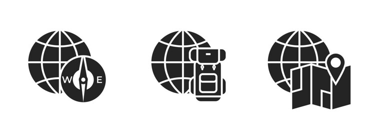 active tourism flat icons. backpack, compass, map and world. travel and vacation symbols. isolated vector images for tourism design