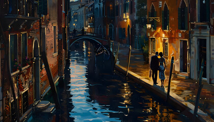 A couples reflection shimmering in the calm waters of a Venetian canal at moonlightar74v60 Generative AI