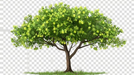 Basswood tree with green leaves and yellow flowers isolated on transparent background