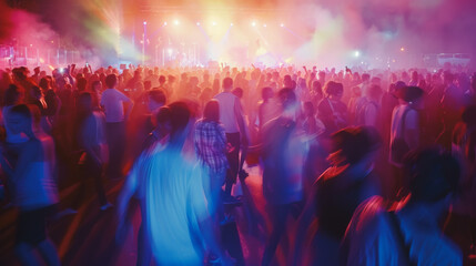 Young men, women Crowd dancing concert, clubbing motion, blur. Nightlife, entertainment, live music.