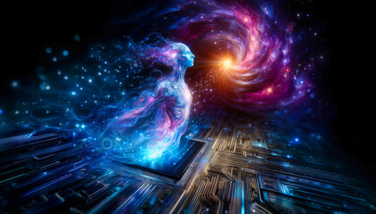 Mystical AI spirit emerges from circuitry, with a galaxy swirl in vivid purples and blues.