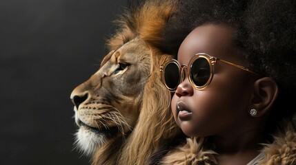 beautiful black baby girl ,sunglasse,with lion