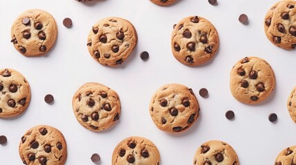 Illustrate an eye-catching 3D view of isolated chocolate chip cookies on a white background.