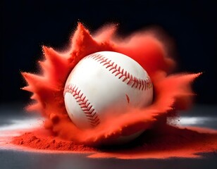A baseball surrounded by a cloud of powder against a dark background
