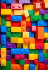 Colorful plastic building blocks in various shapes and sizes, arranged in a random pattern. The blocks are in a variety of bright colors including red, yellow, green, blue, and purple.