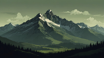 Sublime Dark Mountain Art on Light Green Canvas - Minimalist Landscape Illustration - obrazy, fototapety, plakaty