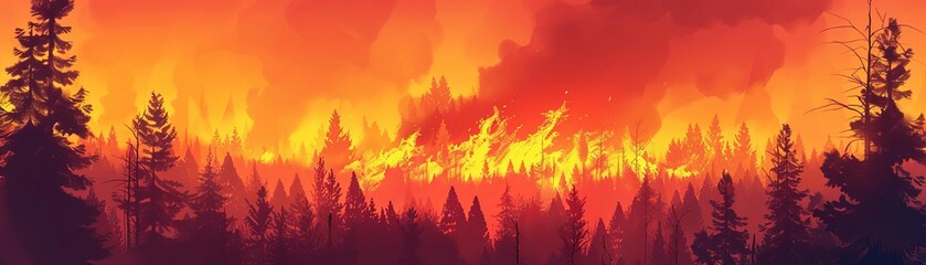 Wildfire raging through a dense forest at sunset, dramatic orange and red hues, wide angle, high contrast