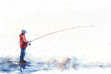 Minimalistic watercolor of fishing on a white background, cute and comical,