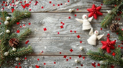 Naklejka premium White woolen angels red star confetti evergreen branches on wooden surface Festive Christmas card design