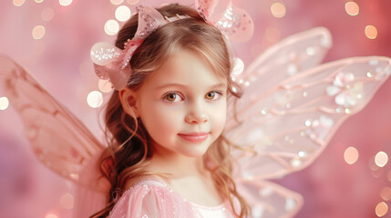 dreamy young fairy princess with glittering wings and pink accessories
