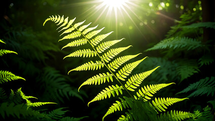 Green Fern in sunlight, in forest