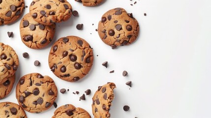 Illustrate an eye-catching 3D view of isolated chocolate chip cookies on a white background.