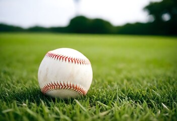 A close-up of a baseball on a grassy field