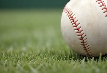 A close-up of a baseball on a grassy field