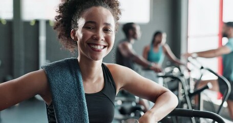 Tired, face or happy woman on gym break with fatigue, towel and wellness in fitness workout. Sweating, resting and exhausted female athlete breathing in exercise or training to relax for recovery - Powered by Adobe