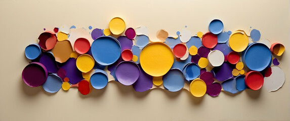 A creative assembly of colored circles cut out of paper overlapping on beige surface, displaying a playful pattern