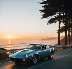 Roads of the California Pacific Coast Highway in the morning, an empty road with rare cars, a journey along the sea,