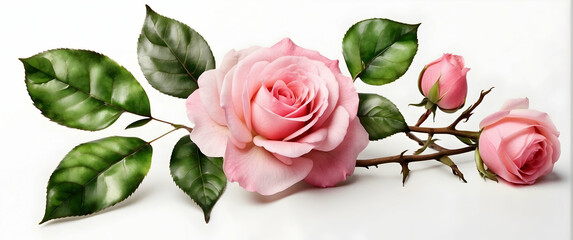 A stunning high-resolution image of a fully bloomed pink rose and buds with rich green leaves on a white background