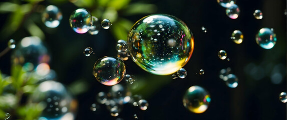 Artistic high-definition image of iridescent soap bubbles floating against a mysterious dark background