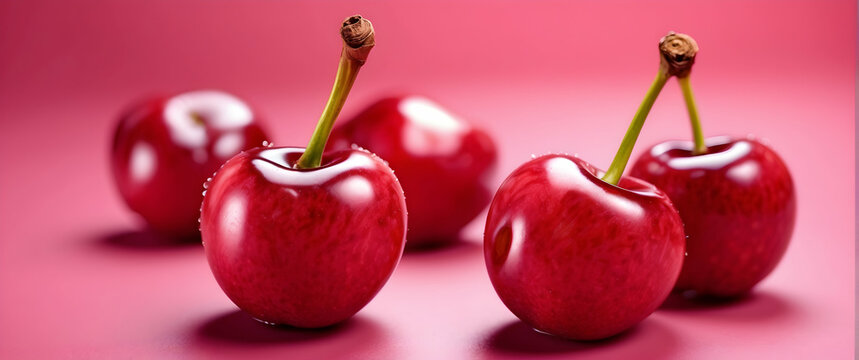 A crisp and vivid image featuring a group of glossy red cherries with pronounced stems and distinct shadows on a pink background