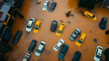 Urban Flood - Aerial View of Cars Submerged in Water