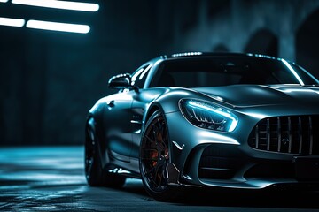Luxury expensive car parked on dark background. Sport and modern luxury design gray car. Shiny clean lines and detailed front view of modern automotive. Automotive advertising banner