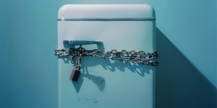 clean, isolated, full size modern home refrigerator is tied up, rewound with chains and barn locks. Diet problem