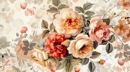 beautiful fantasy vintage wallpaper botanical flower bunch,vintage motif for floral print digital background.