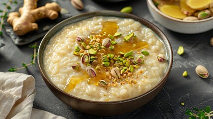 Creamy Rice Pudding Bowl Topped with Honey and Pistachios