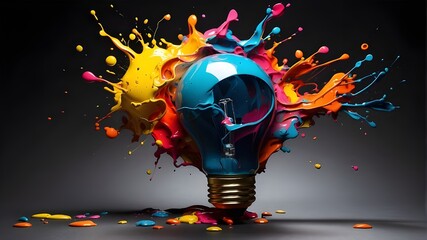 An inventive lightbulb bursts into vibrant paint and splatters against a dark backdrop. Consider unconventional and imaginative concepts. - obrazy, fototapety, plakaty