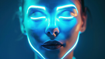 modern facial treatment with glowing contours on woman's face
